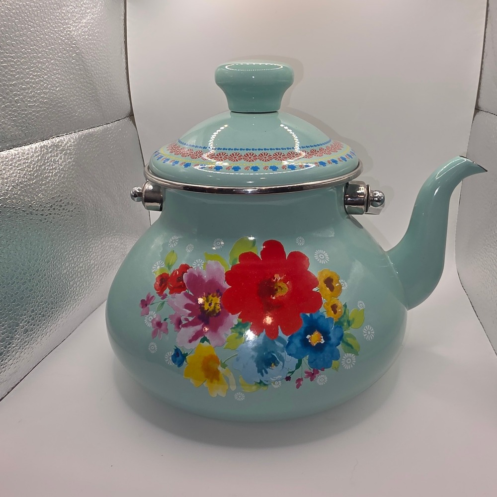 The Pioneer Woman Breezy Blossom Teal Floral Enamel on Steel Tea Kettle - Picture 3 of 10